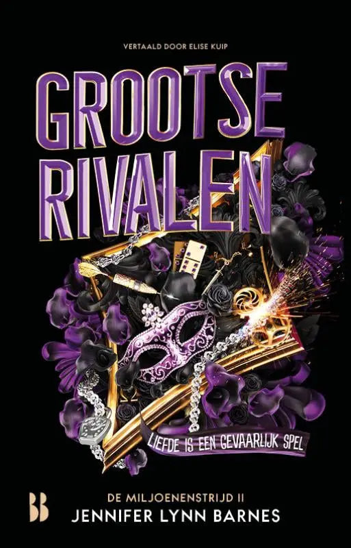 Ornate paars-gouden masker met zwarte rozen en speelkaarten bij grootse rivalen liefdesgevaar van jennifer lynn barnes