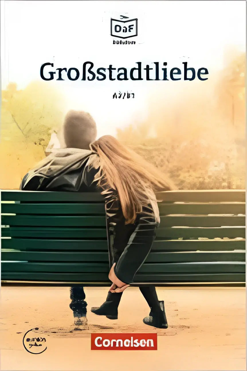 De boekcover van großstadtliebe toont een man en vrouw in zwarte leren jassen op een groen parkbankje voor daf daz-lerenden
