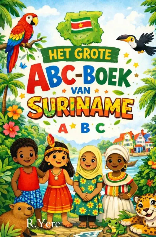 De kleurrijke cover van het grote abc-boek van suriname toont snelle woorden surinaams voor jonge lezers met papegaaien