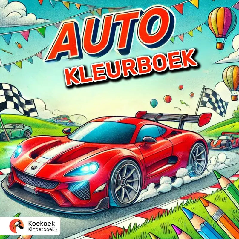 Rode sportauto met witte race strepen en grote spoiler in het grote auto kleurboek met auto kleurplaten