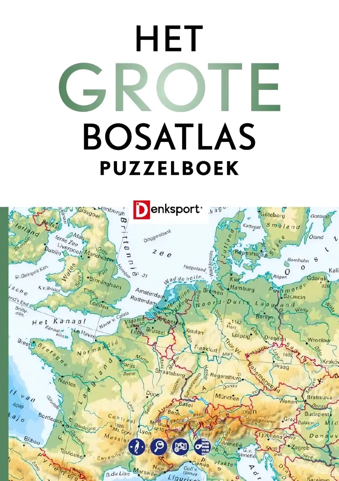 De cover van het grote bosatlas puzzelboek toont een gedetailleerde kleurrijke kaart van europa met rode landsgrenzen