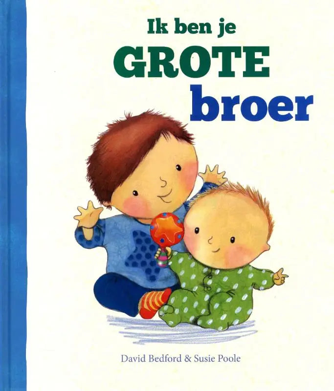 Een kinderen boardboek met een blauwe rug getiteld ik ben je grote broer met illustratie van twee cartoon jongens voor jonge lezers