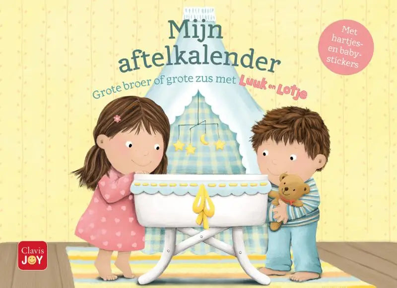 Witte babyledikant met lichtblauwe getande bies en gele strik voor grote broer en kleine zus aftelkalender jonge lezers
