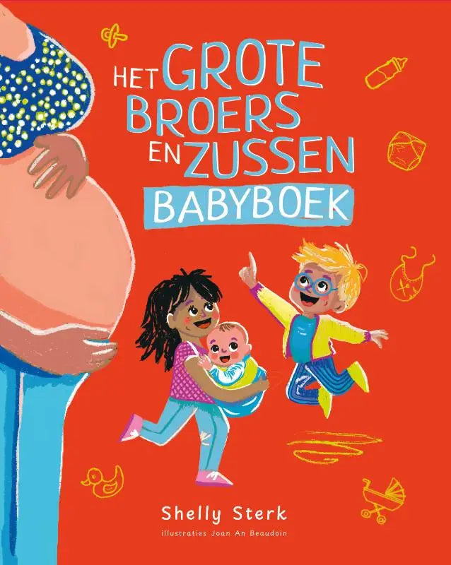 De levendige rode cover van het grote broers en zussen babyboek met speelse cartoonillustraties van een zwangere vrouw en kinderen