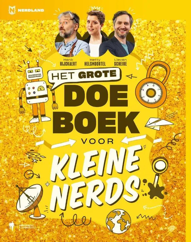 Helder gele grote doeboek voor kleine nerds met gedurfde tekst en cartoonillustraties voor jonge lezers