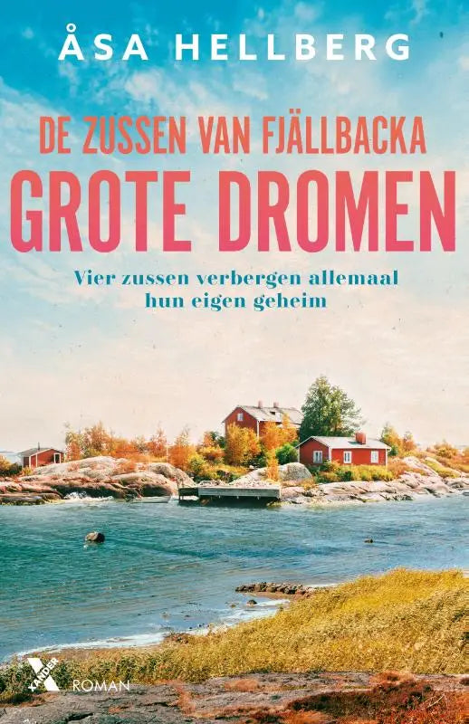 The book cover of grote dromen shows a vibrant coastal scene with red and orange houses among autumn trees on rocky shores