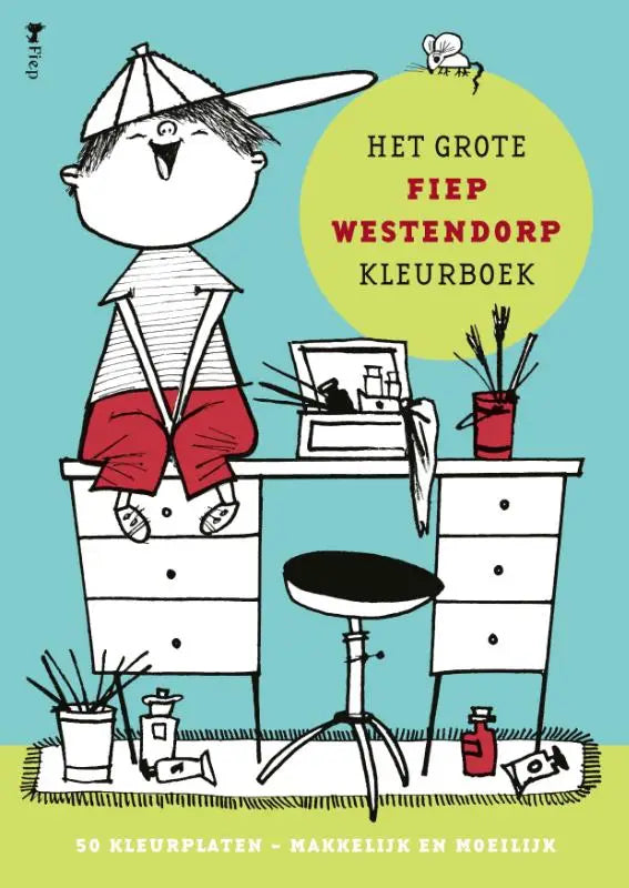 De cover van het grote fiep westendorp kleurboek toont een kleurrijke cartoonillustratie met zwarte lijnen