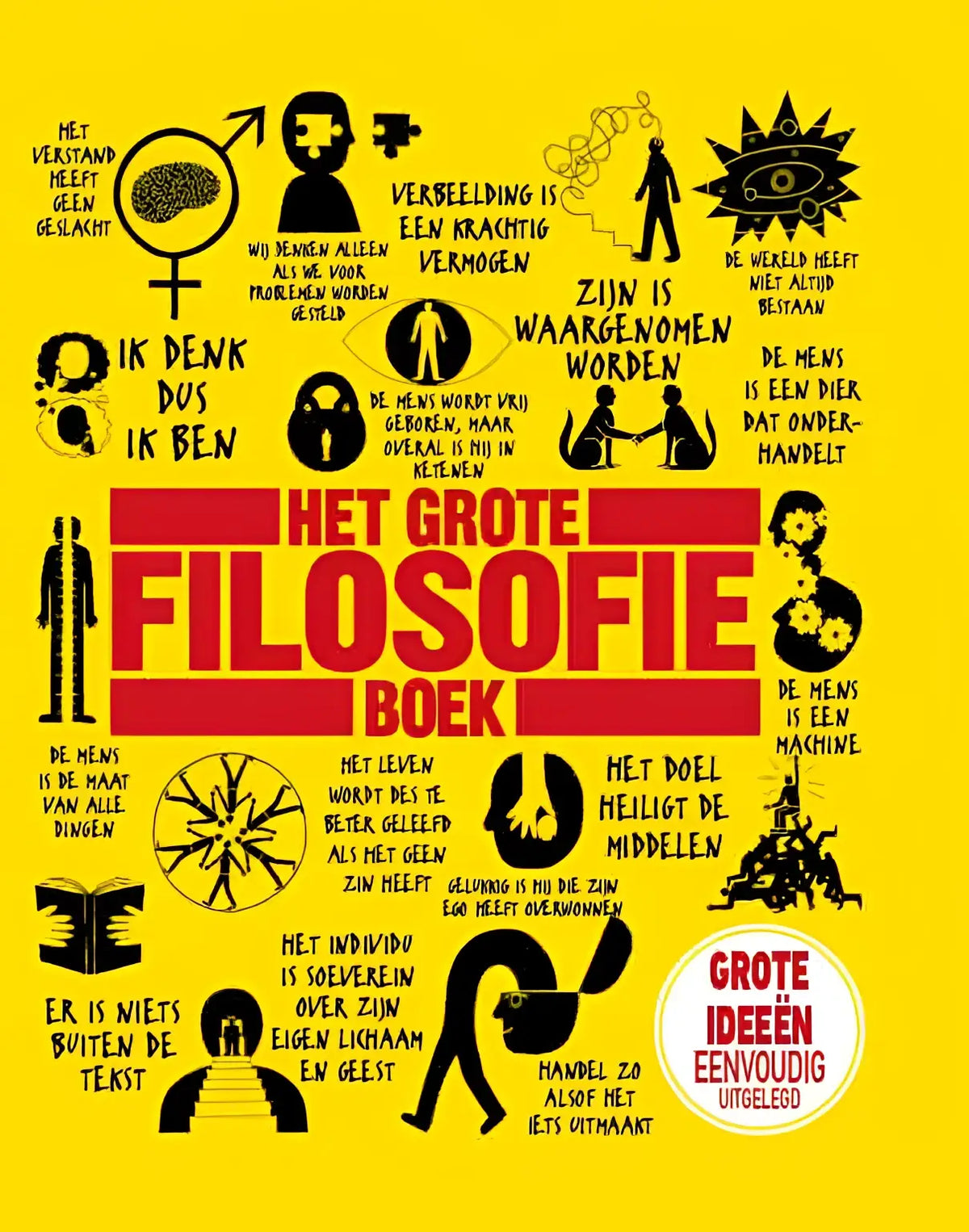 De grote filosofieboek cover toont rood en zwart gedrukte tekst op een gele achtergrond met de titel prominent zichtbaar