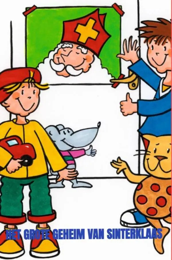Een cartoonillustratie van sinterklaas met witte baard en rode hoed voor het grote geheim voor grote kinderen