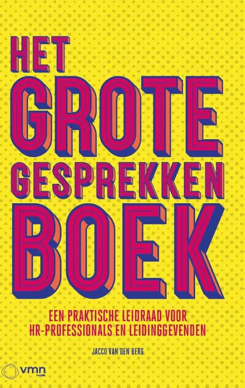 De cover van het grote gesprekkenboek toont vetgedrukte roze en paarse 3d letters op een gele achtergrond