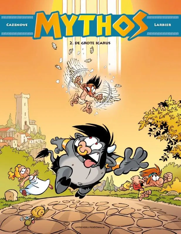 De cover van de strip mythos 2 grote icarus toont kleurrijke oranje luchten en vliegende karakters uit de klassieke oudheid