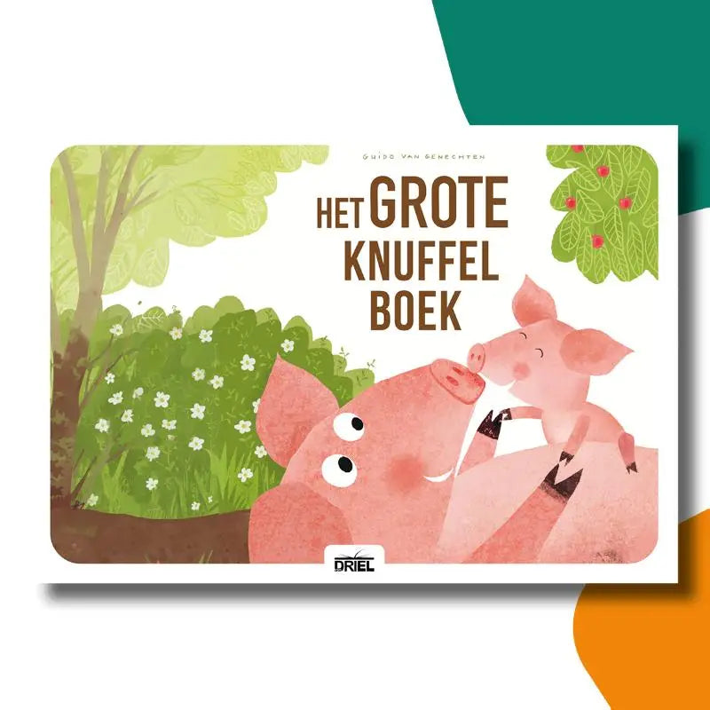 Een zachte roze omslag van het grote knuffelboek met kamishibai vertelplaten voor jonge lezers met twee varkentjes in de tuin