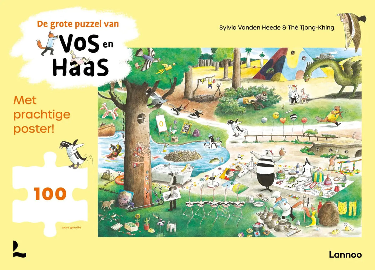 Kleurrijke grote puzzel van vos en haas 100 stukken met speelse bosdieren voor jonge lezers