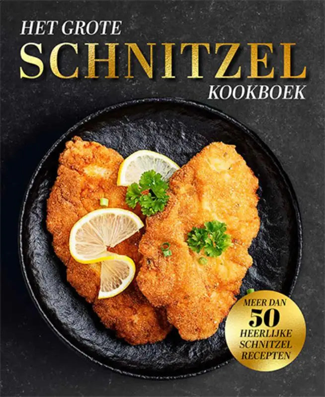 Goldenbruine schnitzel op zwarte schaal met citroen en peterselie uit het grote schnitzelkookboek