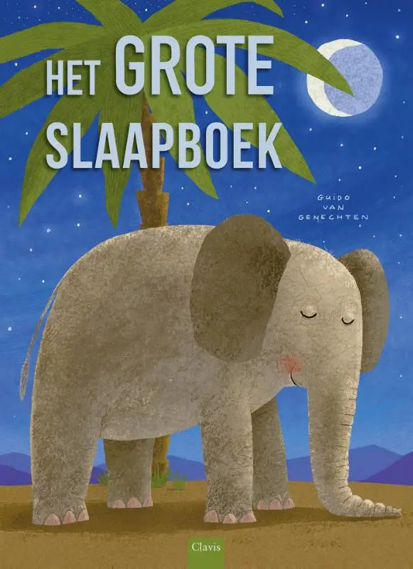 Een zachte grijze olifant met gesloten ogen en roze neus staat onder een palmboom op een sterrennacht in het grote slaapboek