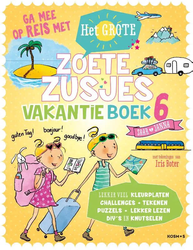 De cover van het grote zoete zusjes vakantieboek 6 toont een gele achtergrond met zomerse cartoons en reisiconen