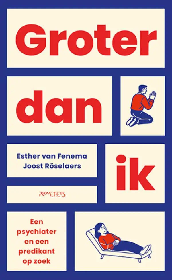 Boekcover grooter dan ik met rode tekst, blauw kader, en eenvoudige lijntekeningen van psychiater en predikant zoek