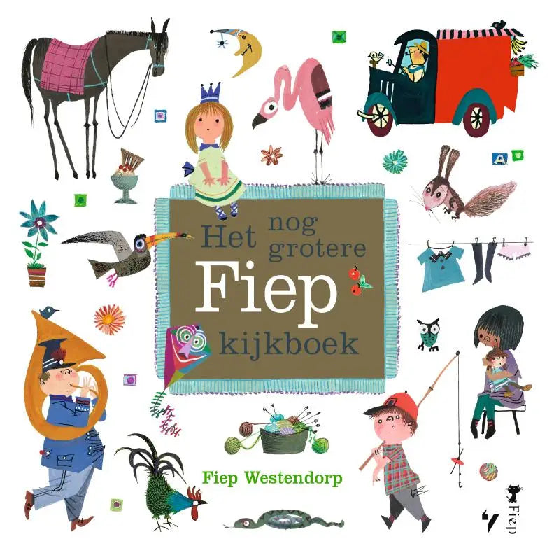 De cover van het nog grotere fiep kijkboek toont een bruin boek met teal franjes en witte tekst voor jonge lezers
