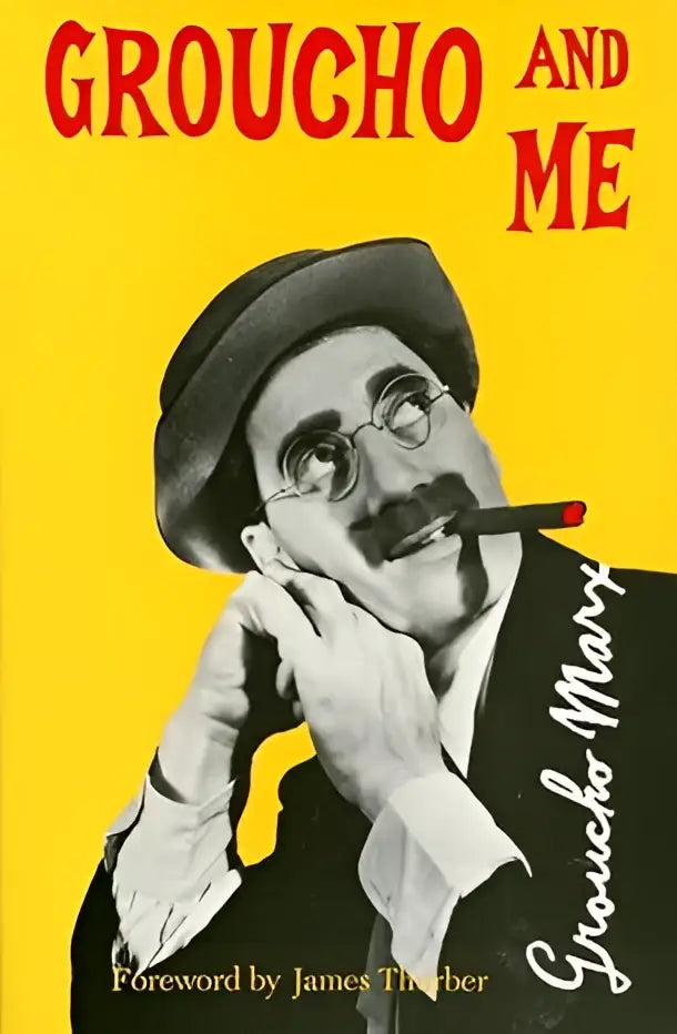 Gele boekomslag met zwart-wit illustratie van groucho marx in zijn kenmerkende hoed en bril rookt een sigaar van groucho and