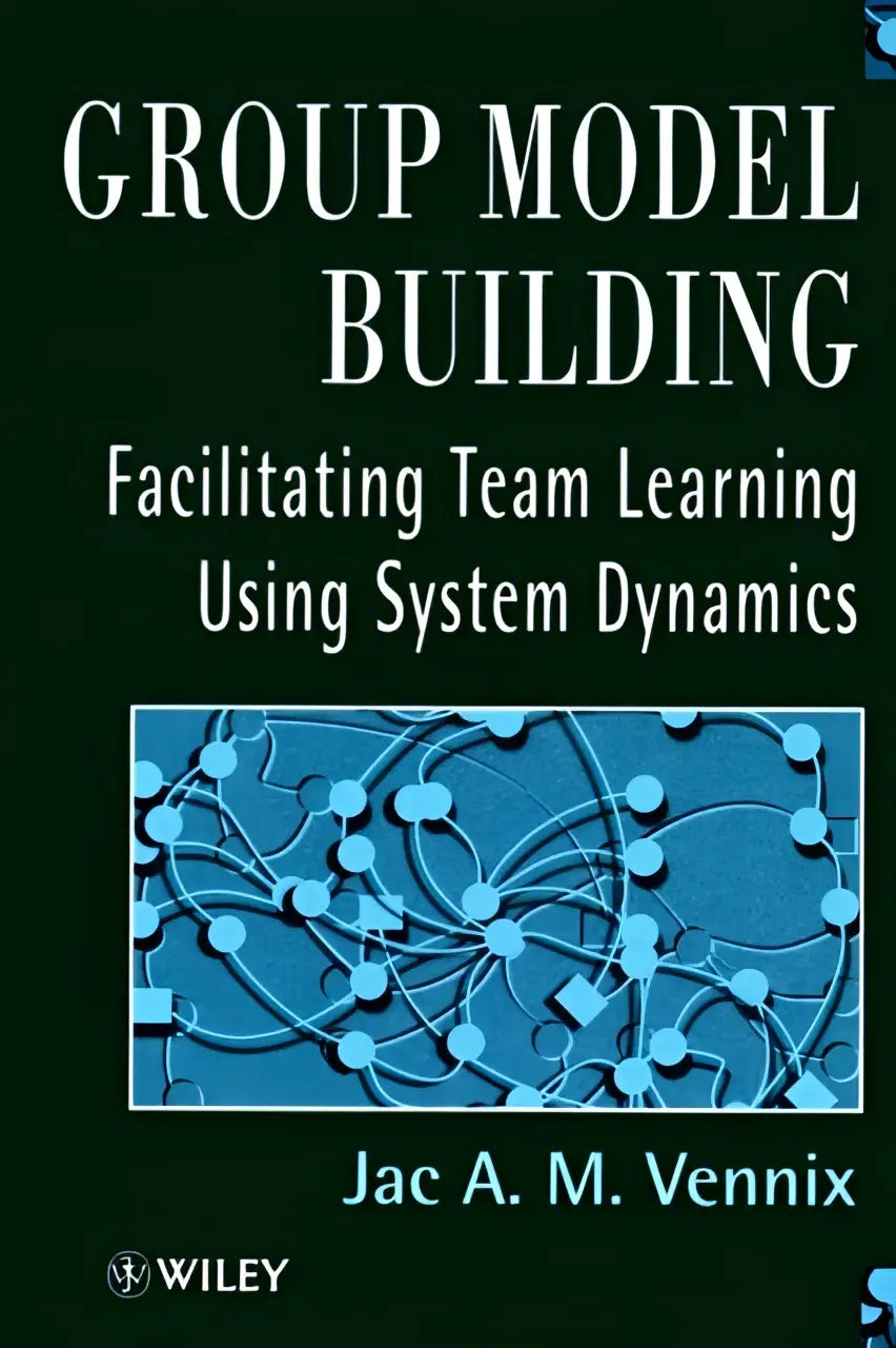 Donkergroene boekcover met witte tekst group model building en blauwe abstracte netwerkdiagram over facilitating team learning met system dynamics