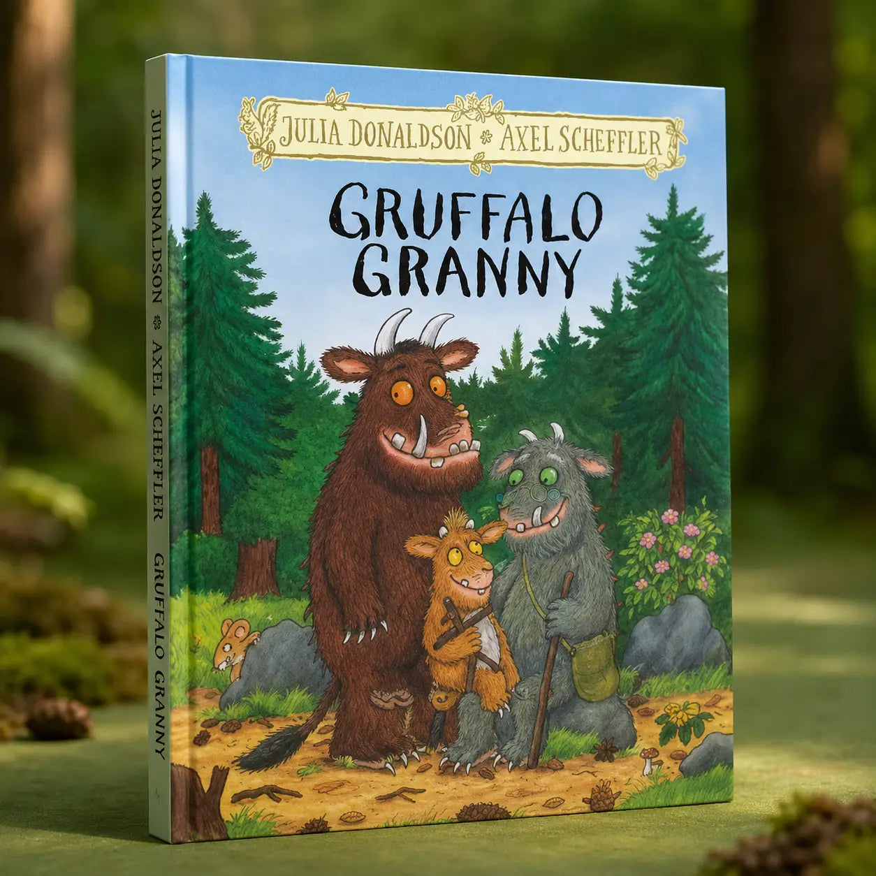 Hardcover kinderboek gruffalo granny van julia donaldson met kleurrijke illustraties van de gruffalo-familie in het bos