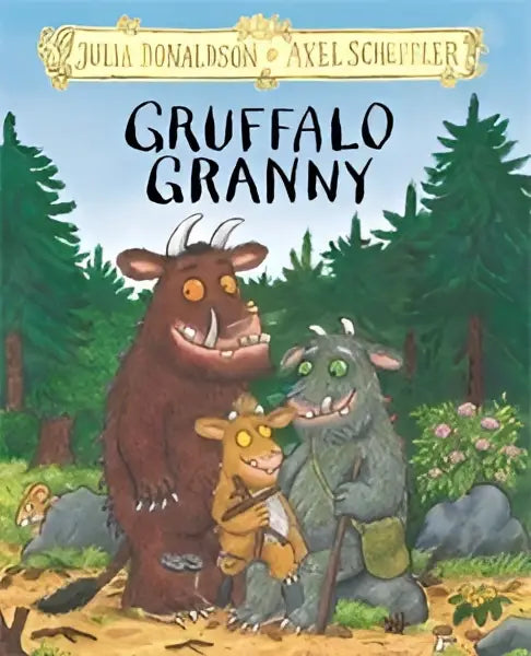 Cover van het hardcover kinderboek gruffalo granny door julia donaldson met een bruin, groen en geel personage en bosachtergrond