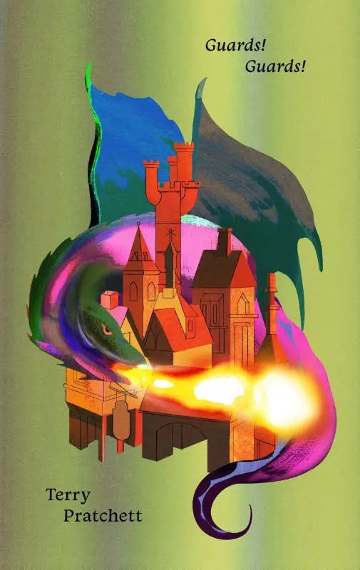 Een levendige illustratie van een draak met groene en paarse schubben die vuur blaast op een kasteel op de voorkant van guards guards een discworld roman