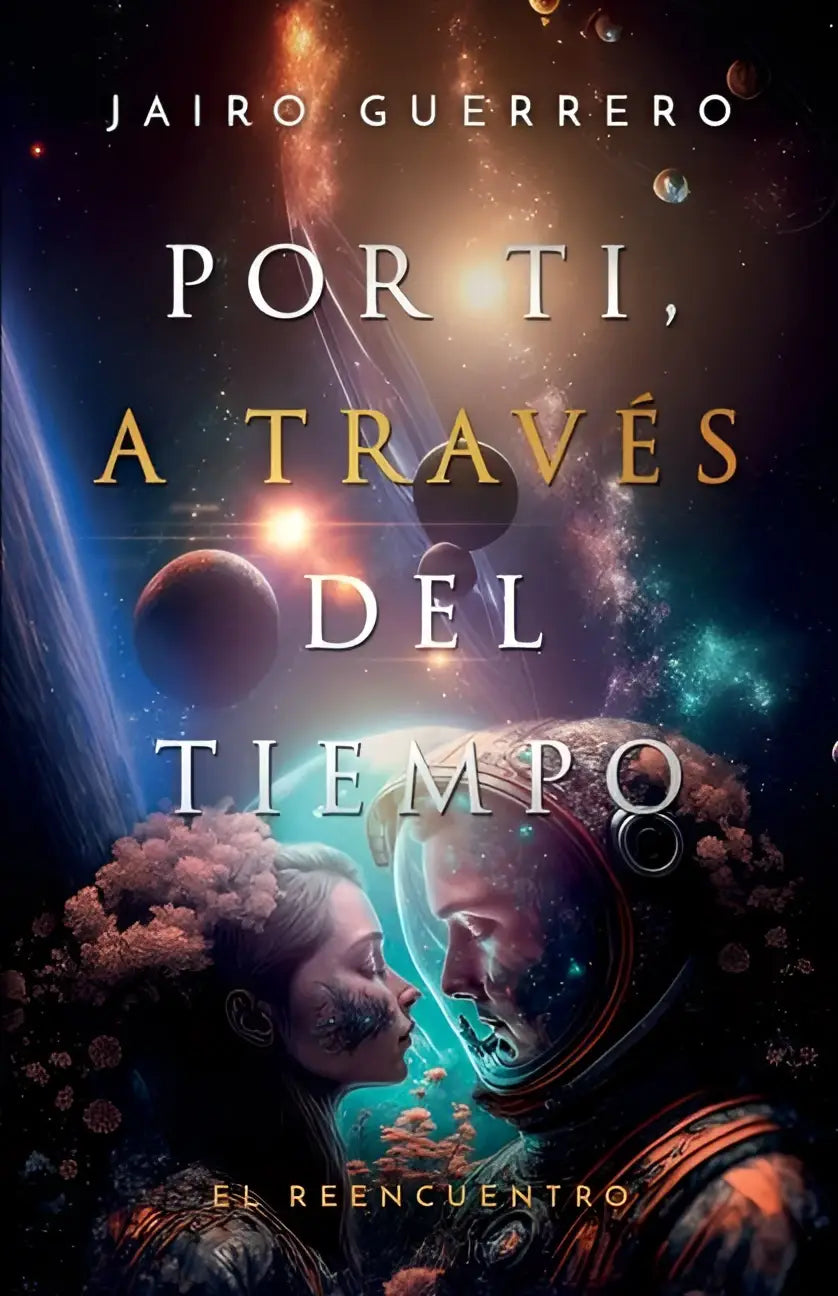 Het boek Guerrero J por ti door del tiempo toont een kosmische scène met astronaut en bloemenfiguur