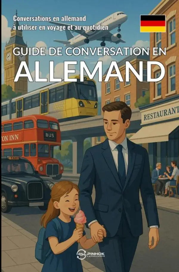 Cover van een franstalig duits conversatiegidsboek met man en meisje in londen te gebruiken duits à utiliser