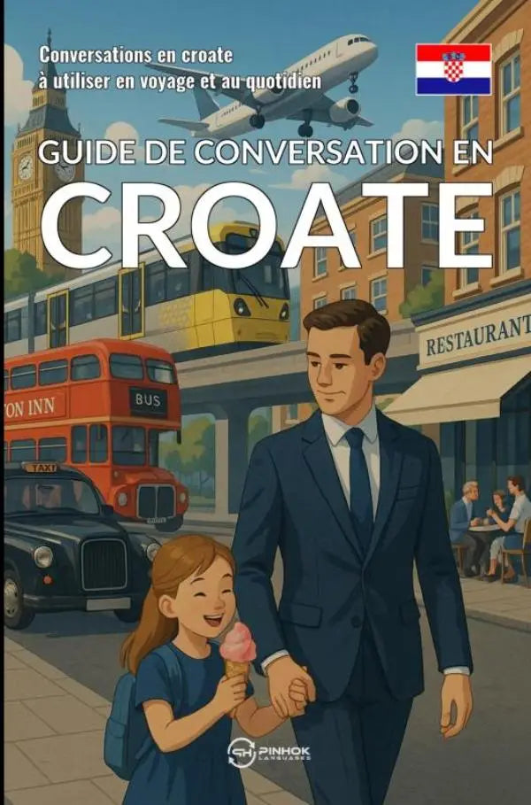 Vibrante geïllustreerde boekomslag van guide de conversation en croate met man en meisje in stedelijke omgeving