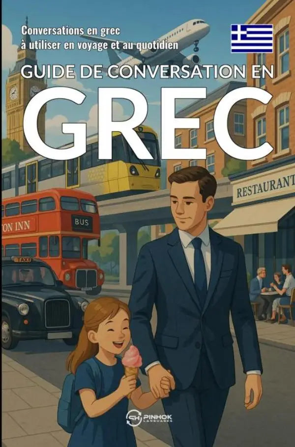 Een kleurrijke illustratie van een gids de conversation en grec met een man en meisje op een europese straat, grec à utiliser