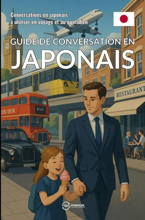 Vibrante geïllustreerde boekcover van guide de conversation en japonais met man en meisje in stedelijke omgeving