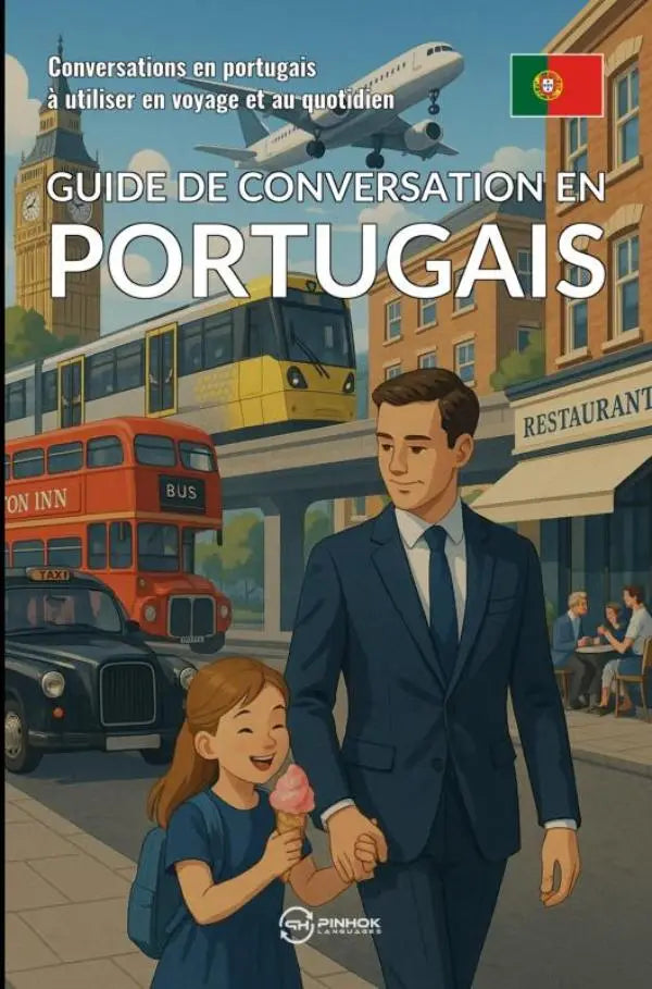 Vibrante geïllustreerde boekcover van guide de conversation en portugais met man en meisje hand in hand op straat