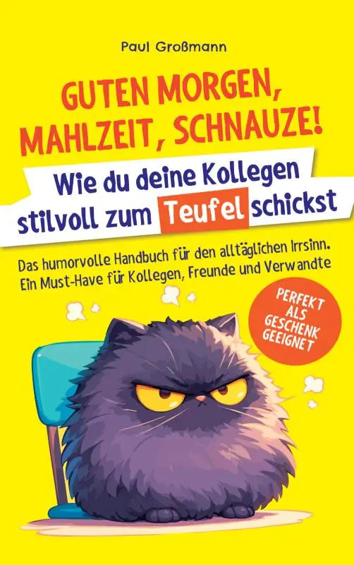 Een pluizige donkergrijze cartoonkat met gele ogen zit op een blauwe stoel tegen gele achtergrond voor das humorvolle handbuch guten morgen voor freunde und verwandte