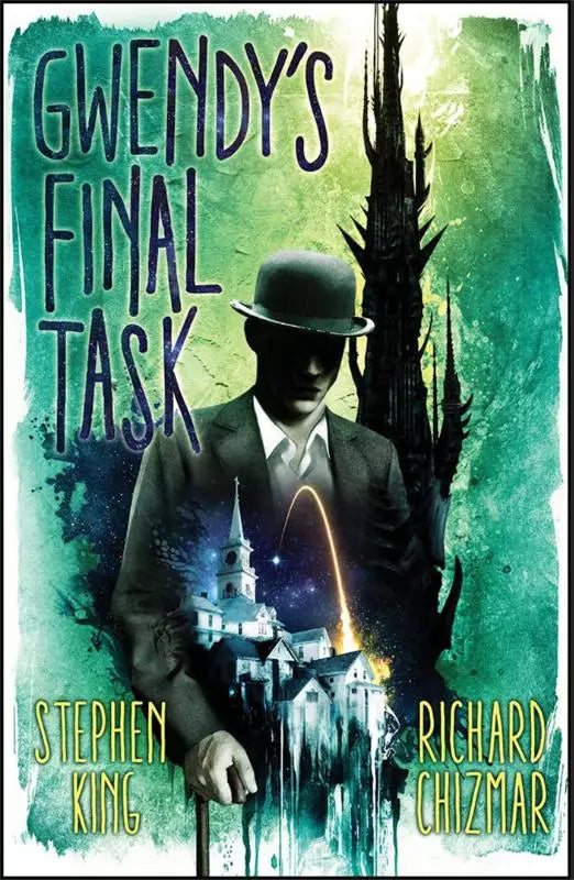 Donkergroene bolhoed gedragen door man in pak met surrealistische achtergrond in gwendy’s final task collectie