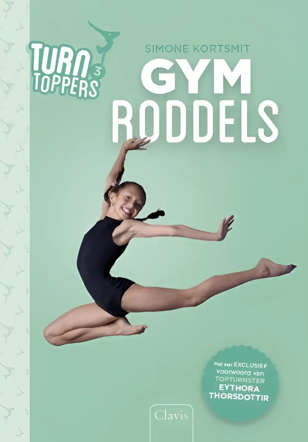 Een jonge meisje in zwart turnpak voert een acrobatische gymnastiekbeweging uit voor Gymroddels van Simone Kortsmit