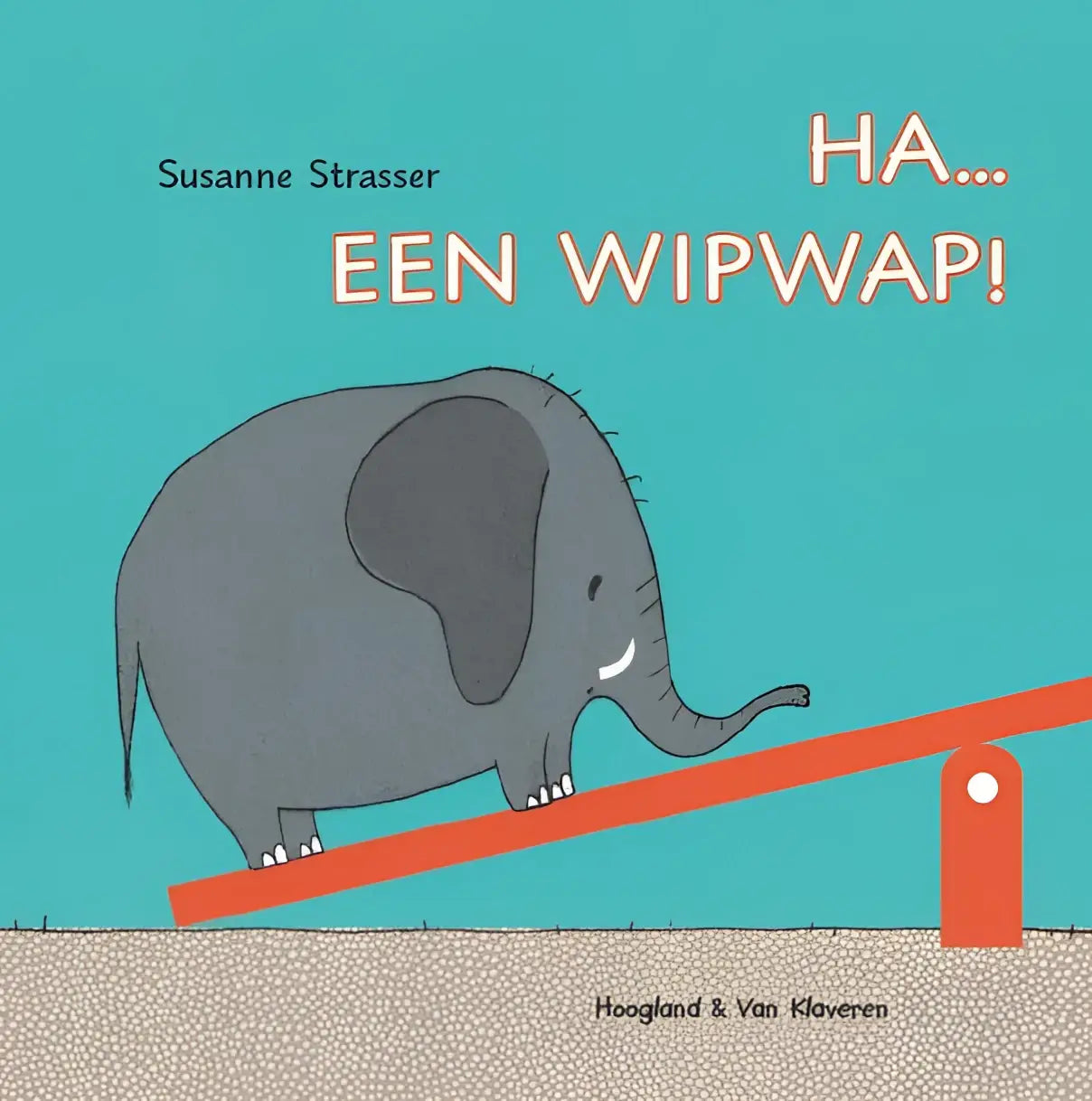 Een grijze cartoonolifant met een glimlach en opgerichte slurf staat op een oranje wipwap voor jonge lezers