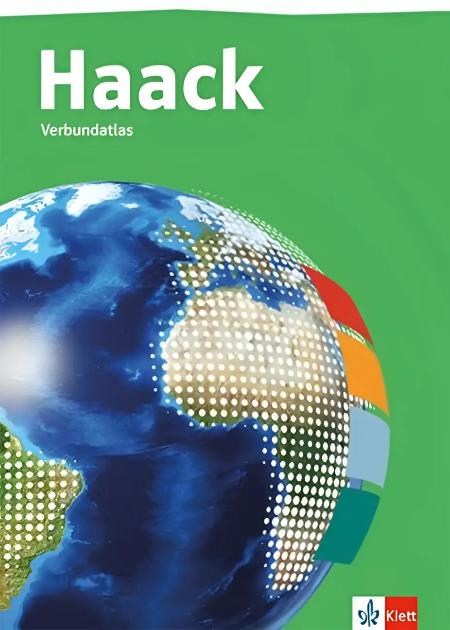Groen omslag haack verbundatlas atlas mit medien met gestileerde globe en kleurrijke pixelstroken voor klasse 5-10