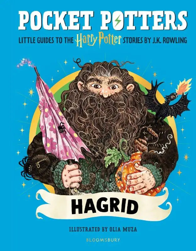 Vibrant blauw hardcover boek pocket potters hagrid met illustratie van hagrid die een pompoen en roze paraplu vasthoudt, uitgegeven door bloomsbury