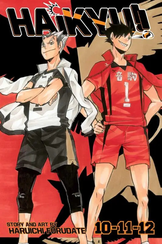 De cover van haikyuu 3-in-1 edition vol 4 met twee volleyballers in uniform tegen een rood-zwarte achtergrond inclusief vols 10 11 en 12