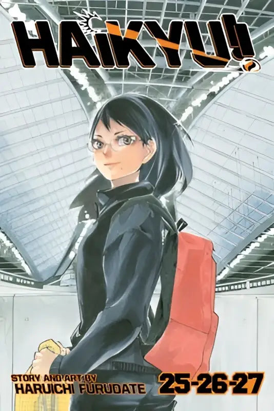 De cover van haikyu manga 3-in-1 edition vol 9 toont een zwart jack en rode rugzak en includes vols 25 26 27