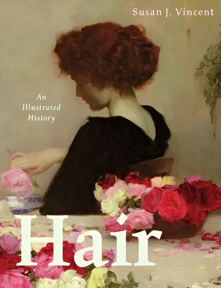 De boekcover van hair an illustrated history toont een schilderachtige vrouw met rood haar en een boeket rozen