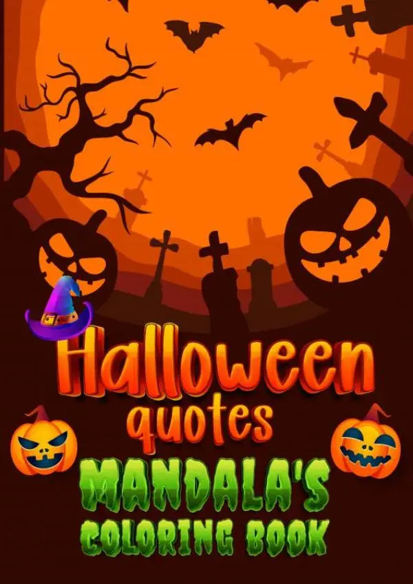 Halloween quotes spooky kleurboek met oranje en groene tekst, jack-o-lanterns, vleermuizen en heksenhoed op cover