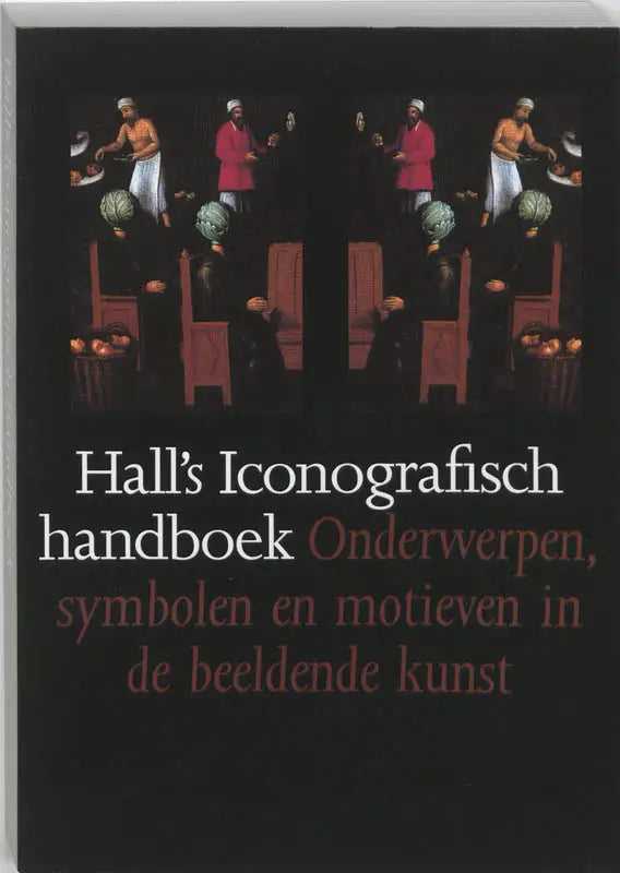 Zwart boekomslag van hall’s iconografisch handboek met symmetrische figuren in rood-witte kleding en witte en roodbruine titeltekst