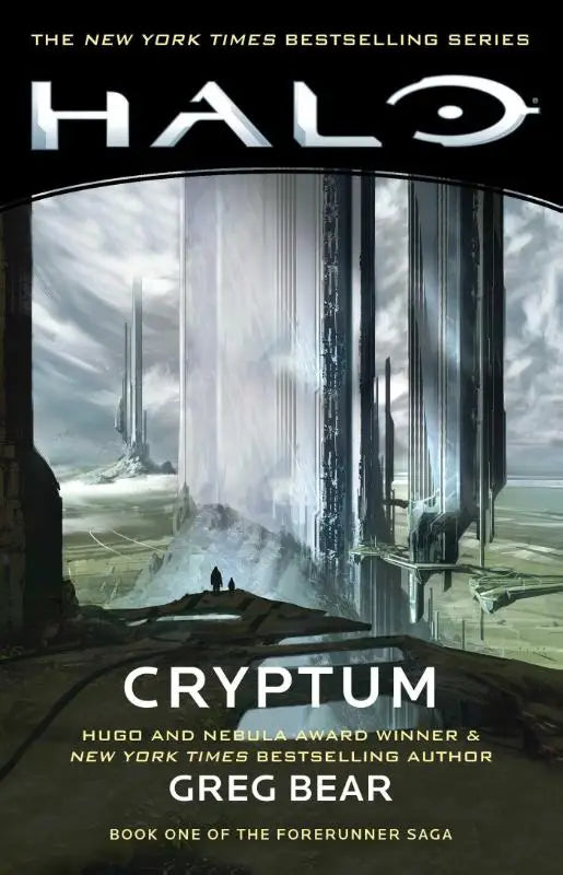 De paperback cover van halo cryptum boek een van de forerunner saga toont een donkere sci-fi landschap