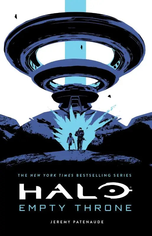 Blauwe en zwarte futuristische buitenaardse ruimteschip zweeft boven berglandschap in halo empty throne productbeeld