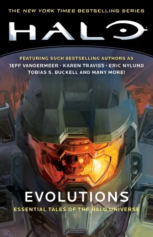 De boekcover toont een gedetailleerde metalen grijze en oranje master chief helm van de halo universe essential tales