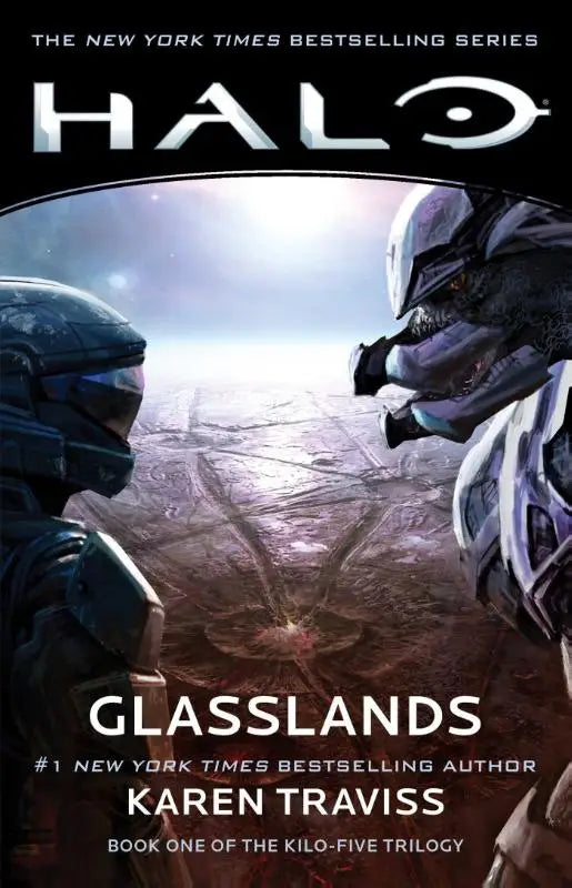 De cover van halo glasslands boek een van de kilo-five trilogy toont twee gewapende figuren tegen een buitenaardse achtergrond
