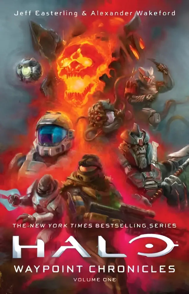 De cover van halo waypoint chronicles volume one toont een vurige oranje rode schedel met gloeiende ogen en futuristische soldaten