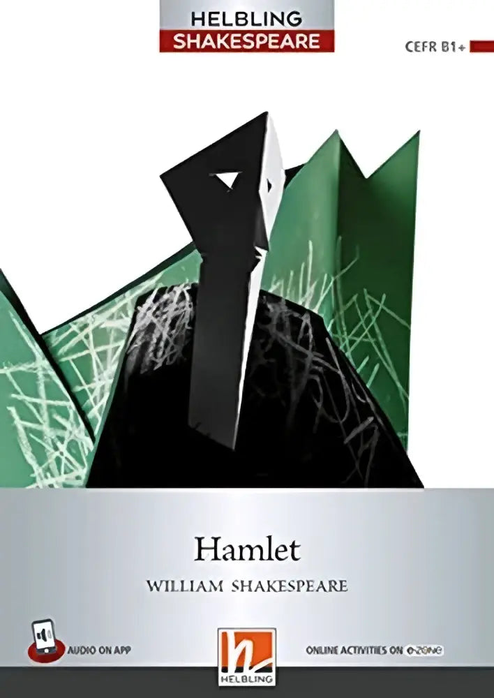 Zwart en groen geometrisch gestileerde boekomslag voor helbling shakespeare series editie van hamlet